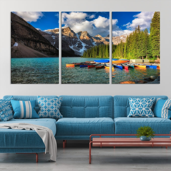 Canoes on Moraine Lake Canada Canvas Wall Art Print Framed