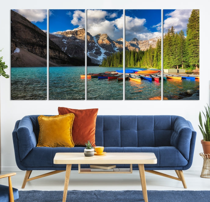 Canoes on Moraine Lake Canada Canvas Wall Art Print Framed