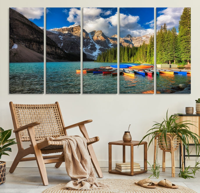 Canoes on Moraine Lake Canada Canvas Wall Art Print Framed