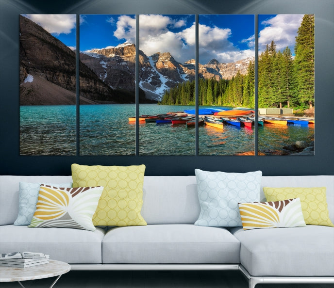 Canoes on Moraine Lake Canada Canvas Wall Art Print Framed