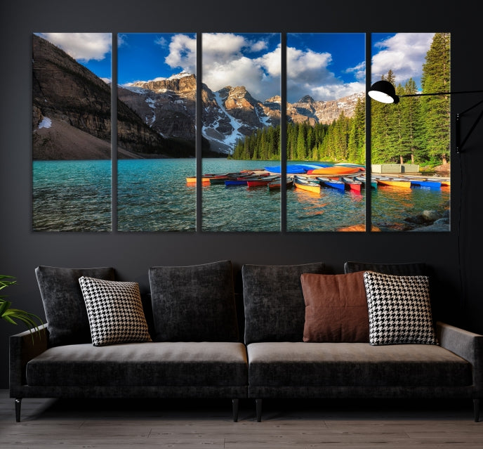 Canoes on Moraine Lake Canada Canvas Wall Art Print Framed