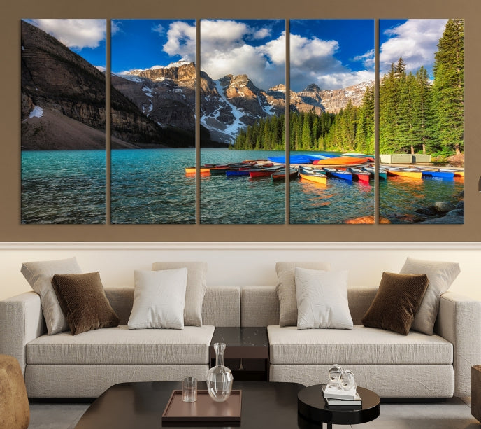 Canoes on Moraine Lake Canada Canvas Wall Art Print Framed