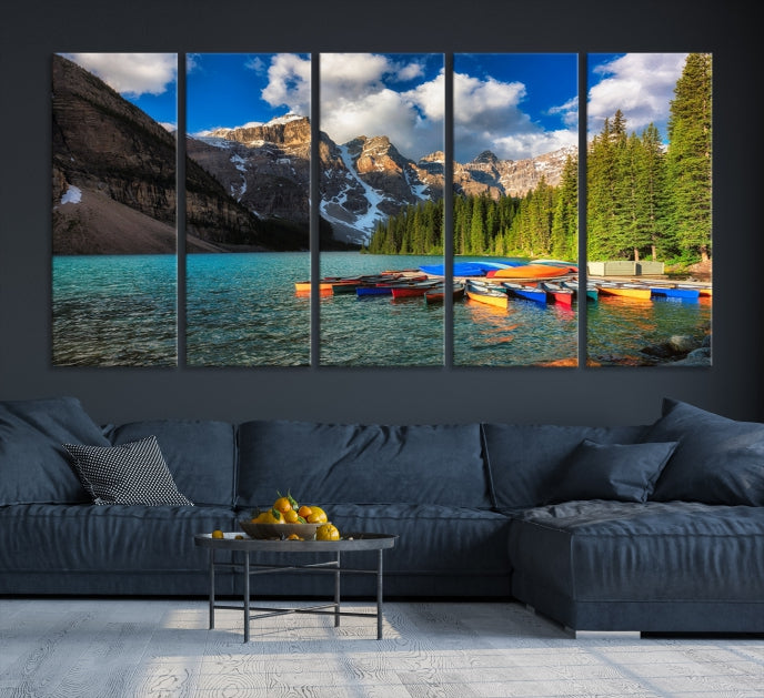 Canoes on Moraine Lake Canada Canvas Wall Art Print Framed