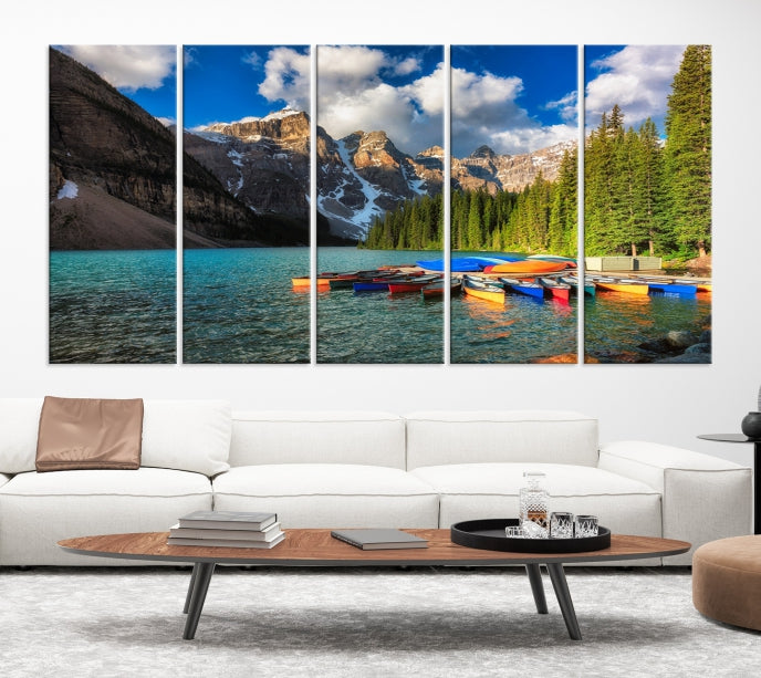 Canoes on Moraine Lake Canada Canvas Wall Art Print Framed