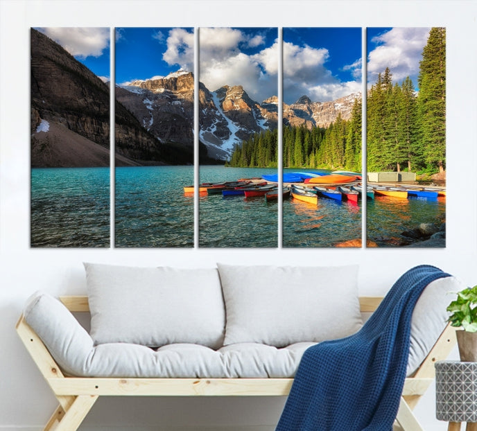 Canoes on Moraine Lake Canada Canvas Wall Art Print Framed