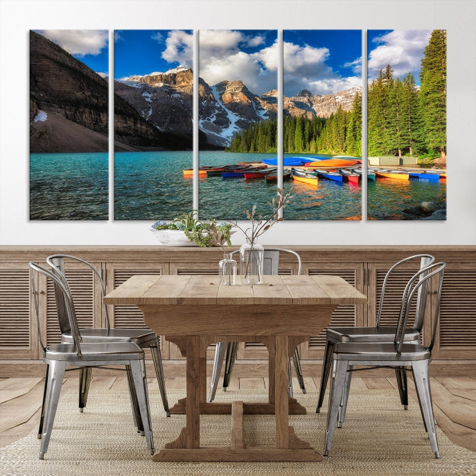 Canoes on Moraine Lake Canada Canvas Wall Art Print Framed