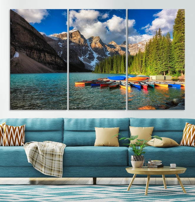 Canoes on Moraine Lake Canada Canvas Wall Art Print Framed