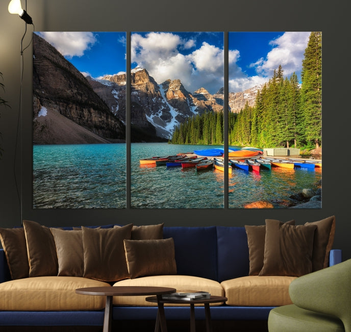 Canoes on Moraine Lake Canada Canvas Wall Art Print Framed