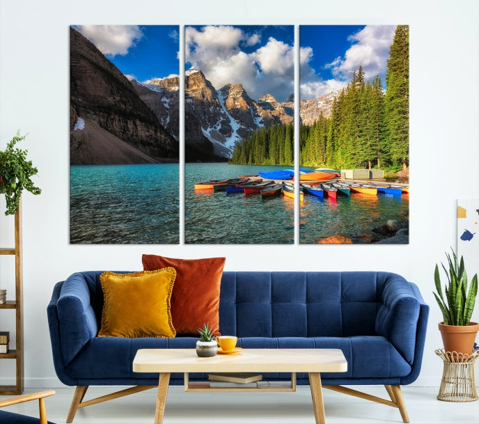 Canoes on Moraine Lake Canada Canvas Wall Art Print Framed