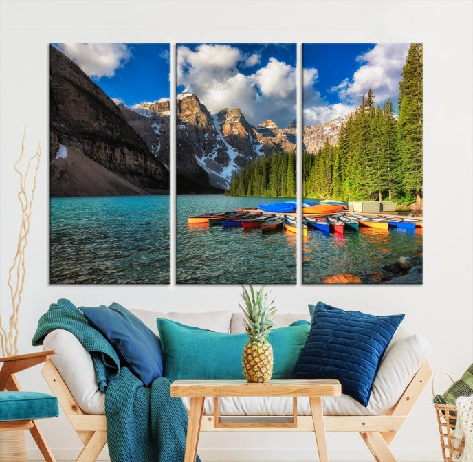 Canoes on Moraine Lake Canada Canvas Wall Art Print Framed