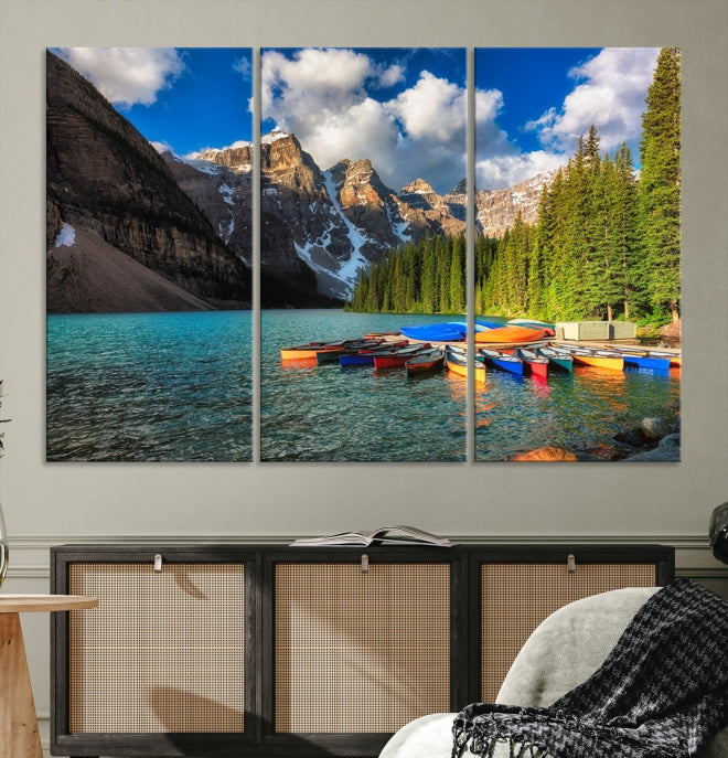 Canoes on Moraine Lake Canada Canvas Wall Art Print Framed