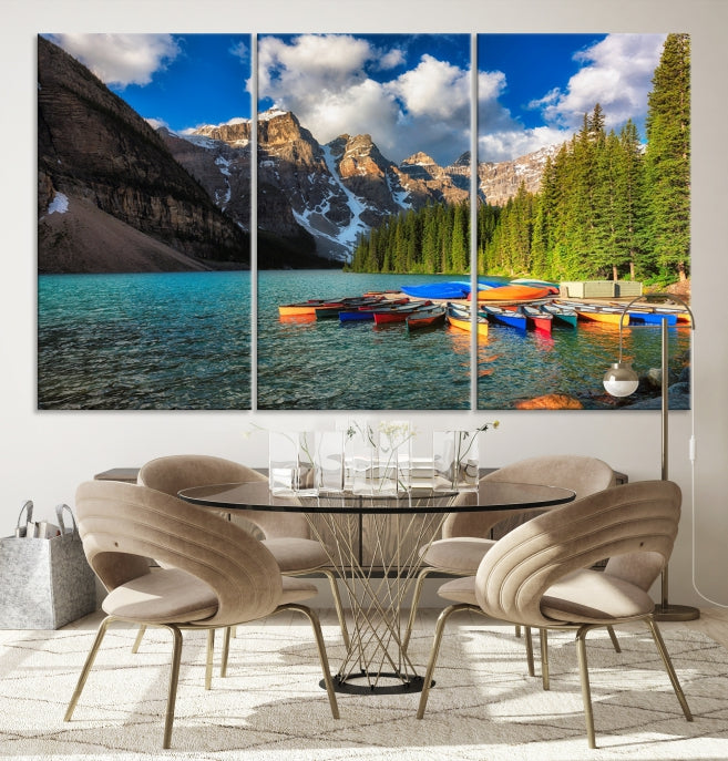 Canoes on Moraine Lake Canada Canvas Wall Art Print Framed