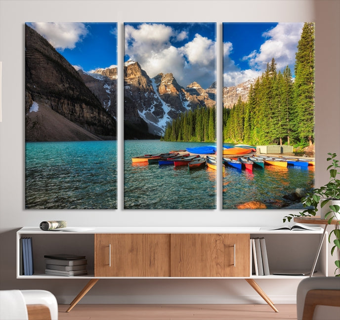 Canoes on Moraine Lake Canada Canvas Wall Art Print Framed