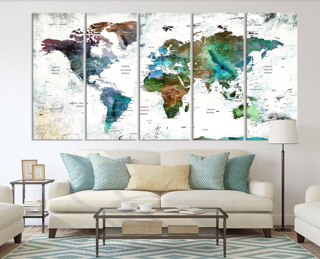 Canvas World Map Push Pin Framed Wall Art Giclee Print