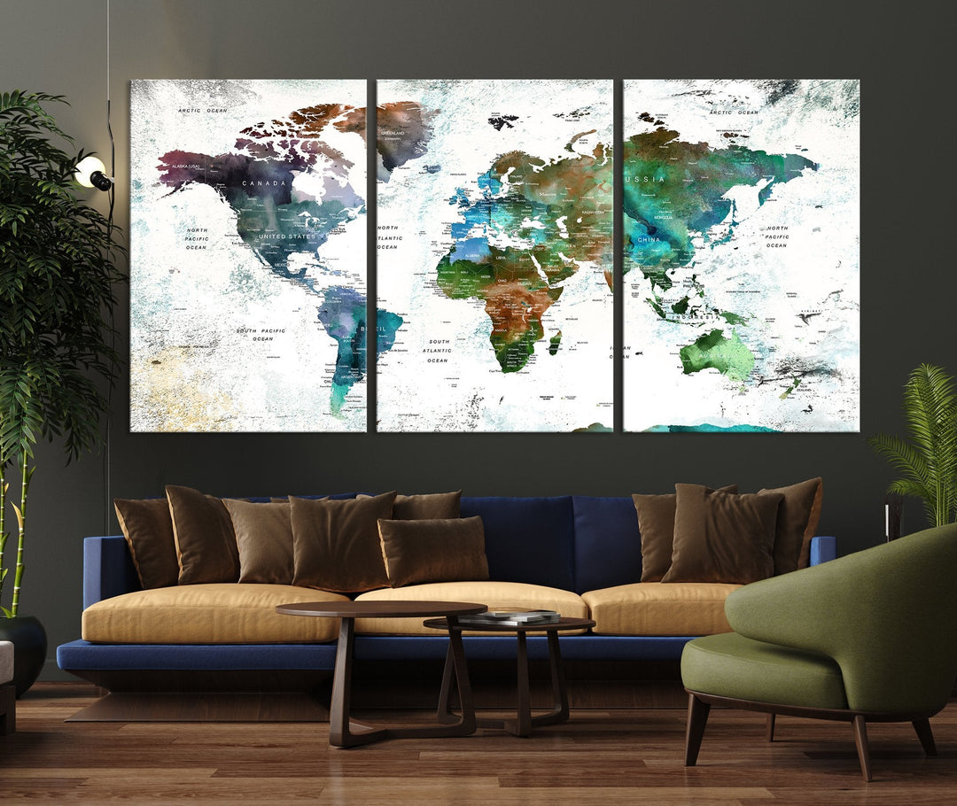 Canvas World Map Push Pin Framed Wall Art Giclee Print