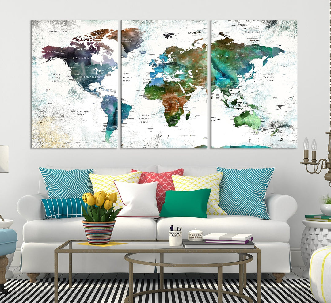 Canvas World Map Push Pin Framed Wall Art Giclee Print