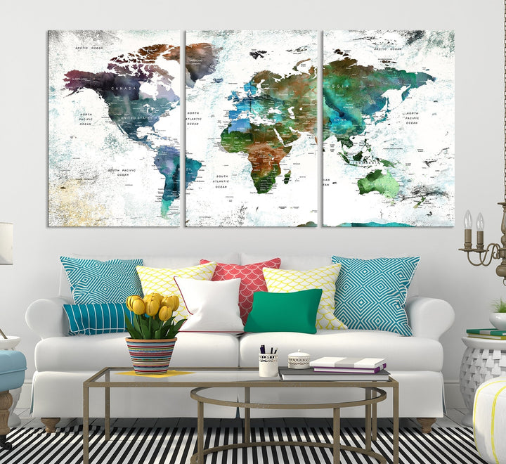 Canvas World Map Push Pin Framed Wall Art Giclee Print