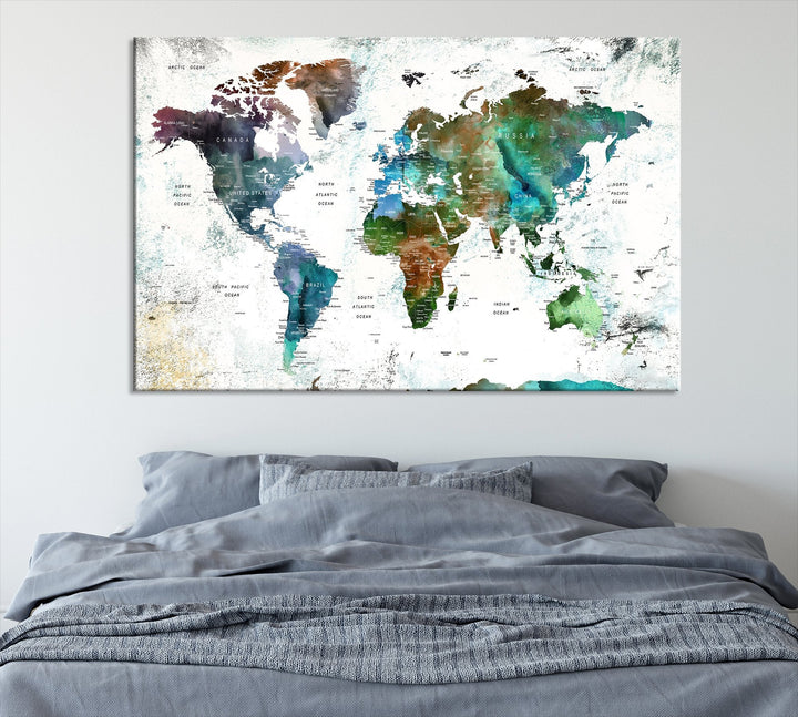 Canvas World Map Push Pin Framed Wall Art Giclee Print