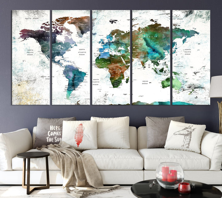 Canvas World Map Push Pin Framed Wall Art Giclee Print