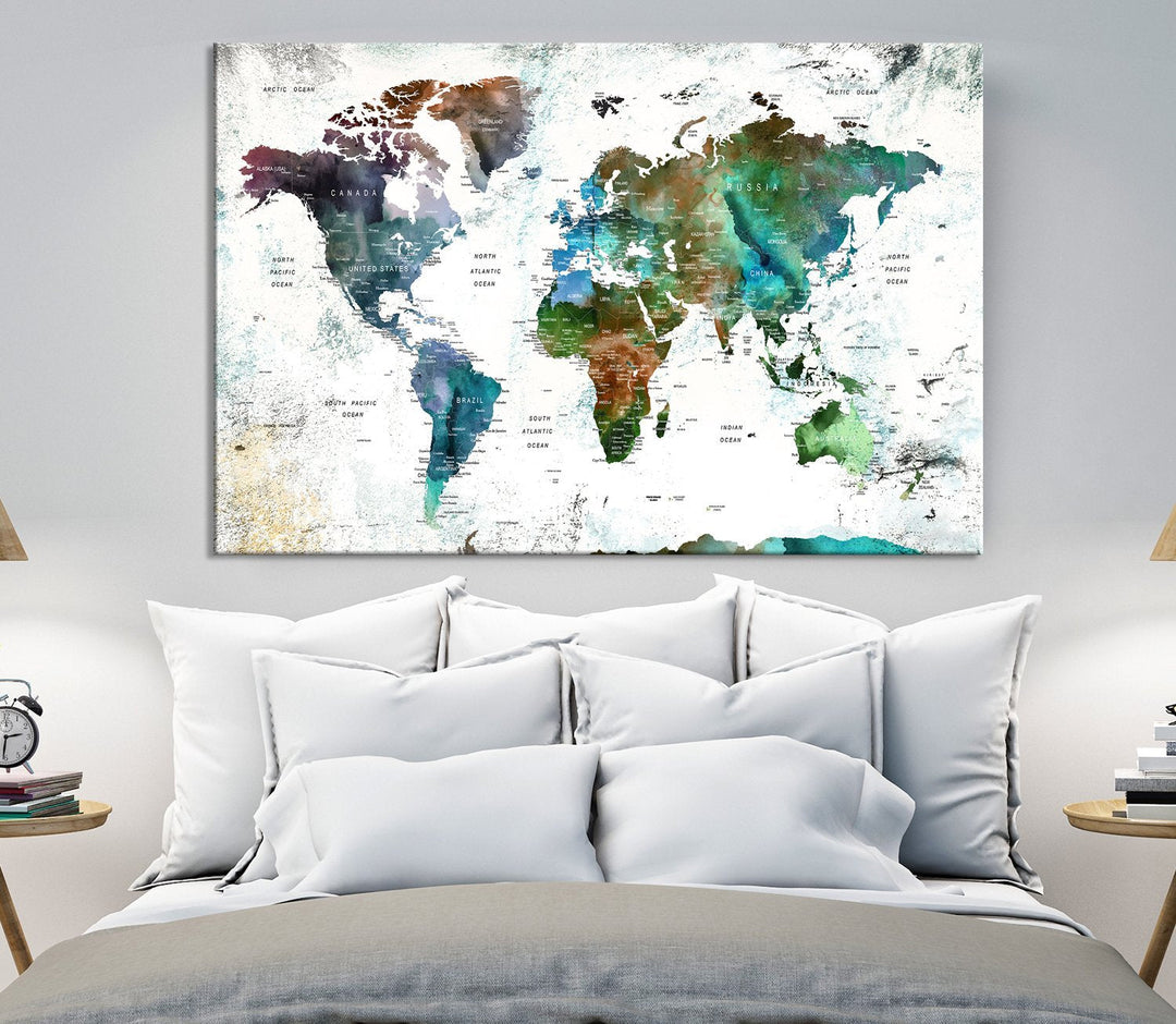 Canvas World Map Push Pin Framed Wall Art Giclee Print