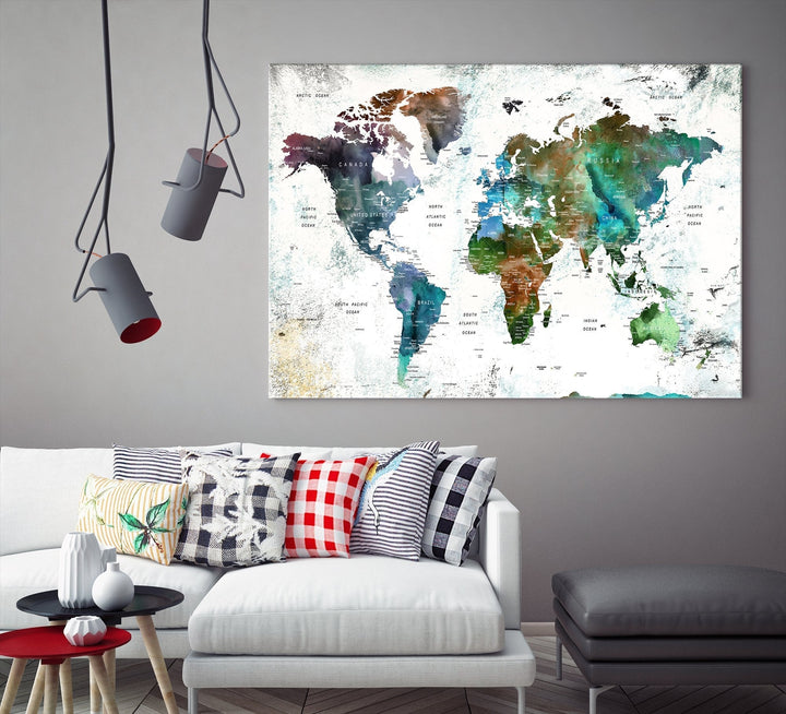 Canvas World Map Push Pin Framed Wall Art Giclee Print