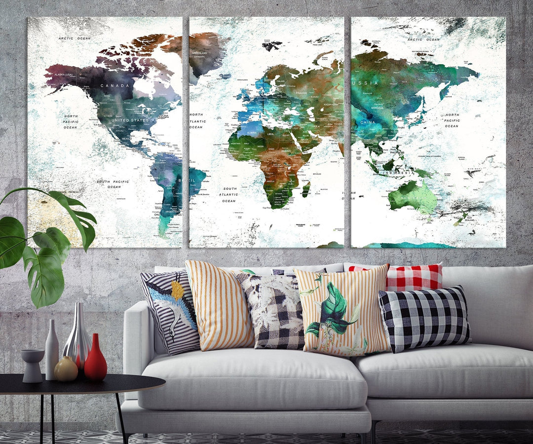 Canvas World Map Push Pin Framed Wall Art Giclee Print