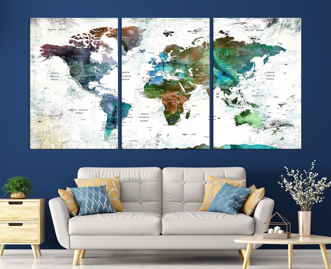 Canvas World Map Push Pin Framed Wall Art Giclee Print