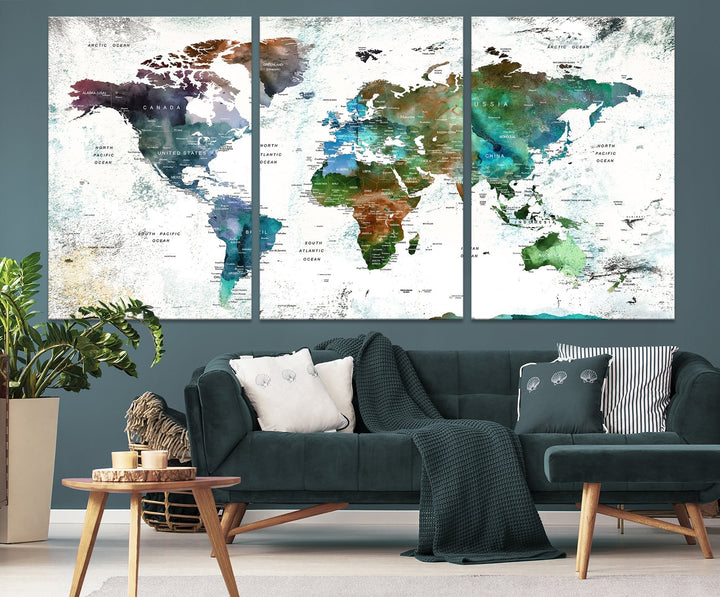 Canvas World Map Push Pin Framed Wall Art Giclee Print