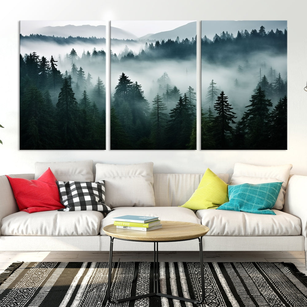 Captivating Misty Forest Wall ArtPremium Canvas Print for a Foggy and Serene Atmosphere