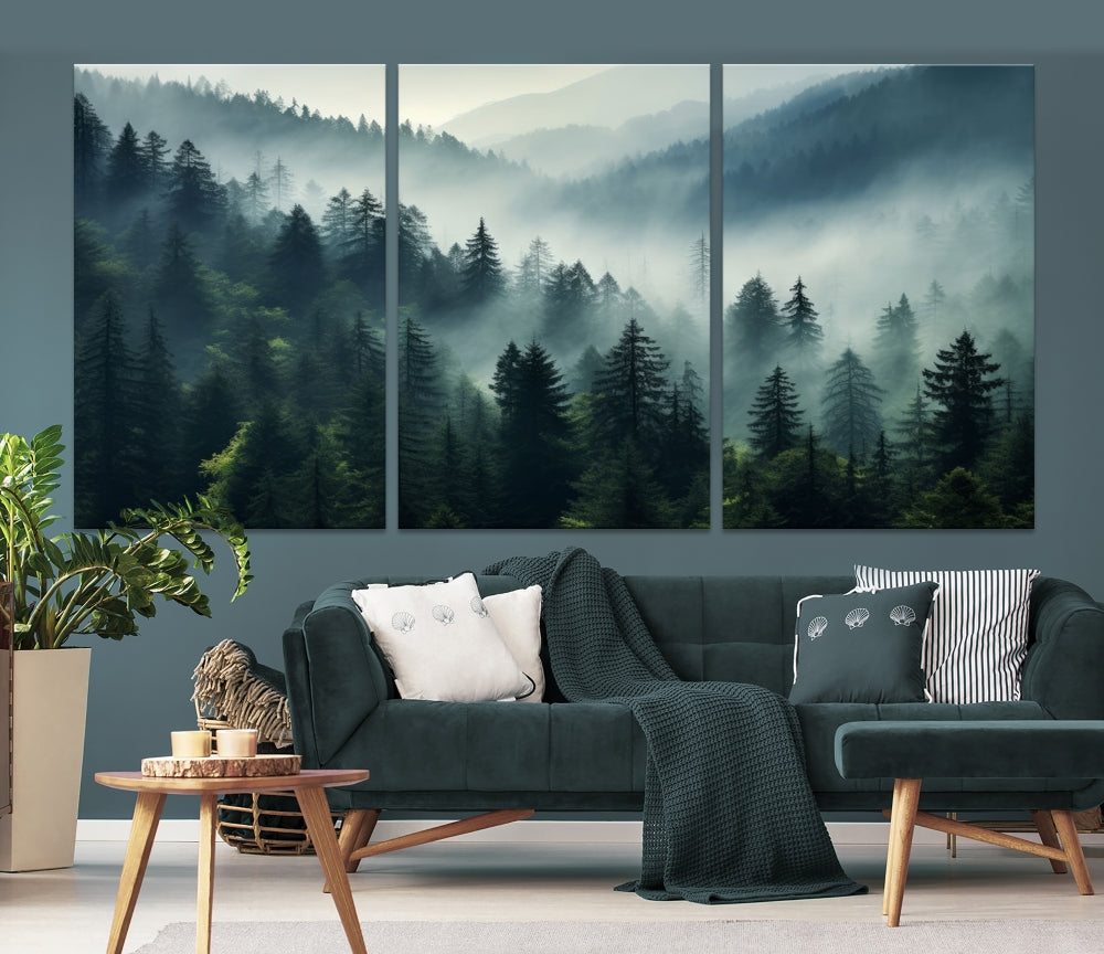 Captivating Misty Forest Wall ArtPremium Canvas Print for a Foggy and Serene Atmosphere