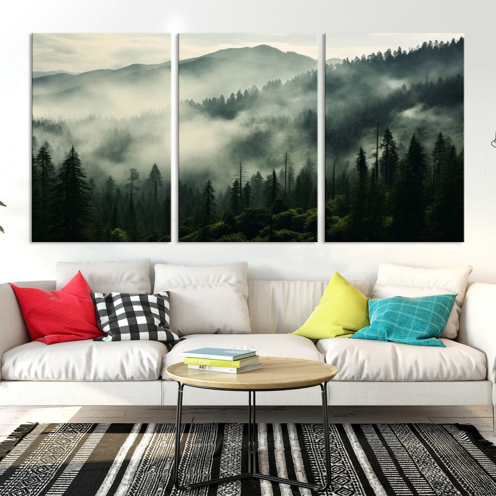 Captivating Misty Forest Wall ArtPremium Canvas Print for a Foggy and Serene Atmosphere