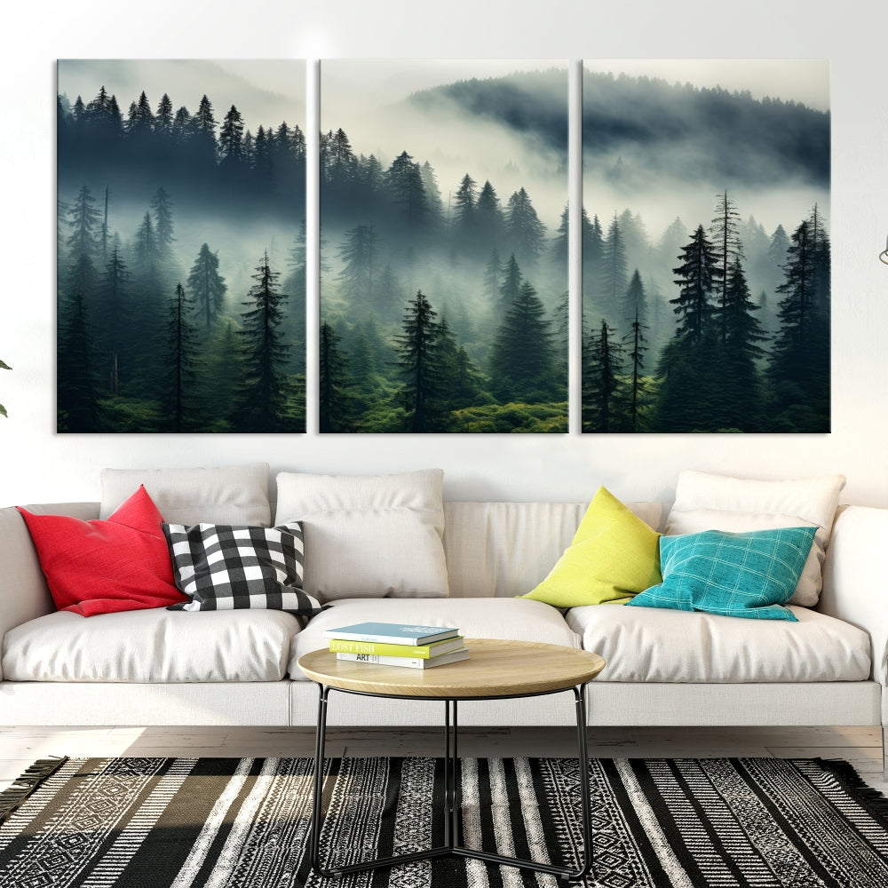 Captivating Misty Forest Wall ArtPremium Canvas Print for a Foggy and Serene Atmosphere