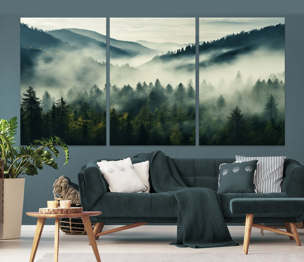 Captivating Misty Forest Wall ArtPremium Canvas Print for a Foggy and Serene Atmosphere