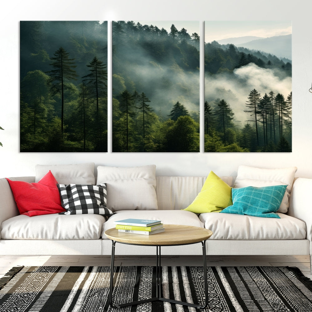 Captivating Misty Forest Wall ArtPremium Canvas Print for a Foggy and Serene Atmosphere