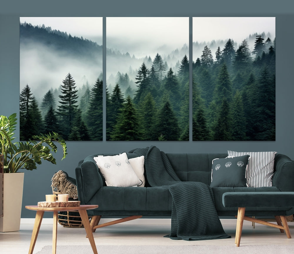 Captivating Misty Forest Wall ArtPremium Canvas Print for a Foggy and Serene Atmosphere