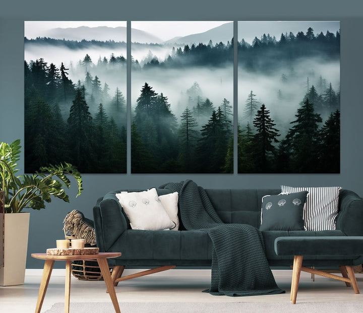 Captivating Misty Forest Wall ArtPremium Canvas Print for a Foggy and Serene Atmosphere