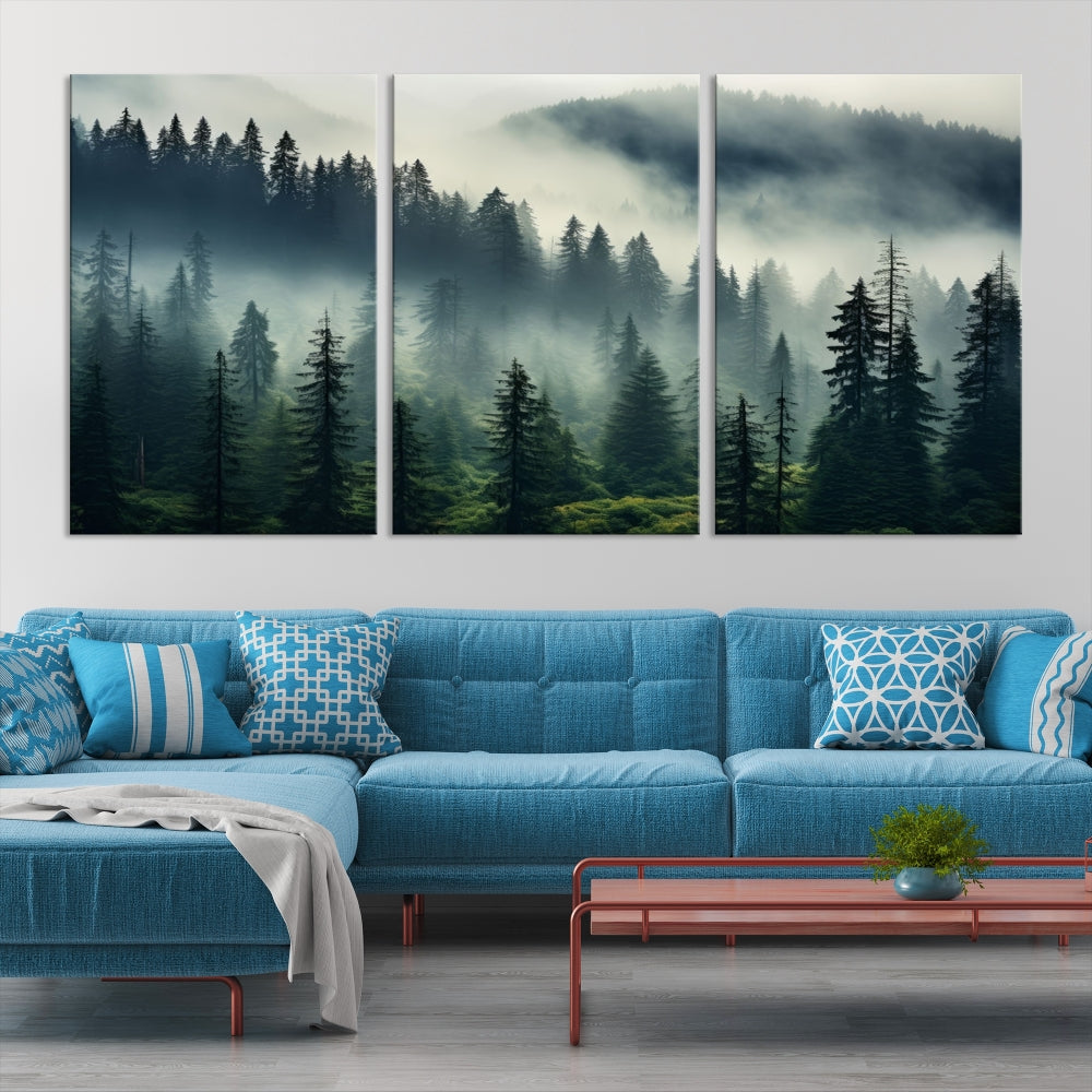 Captivating Misty Forest Wall ArtPremium Canvas Print for a Foggy and Serene Atmosphere