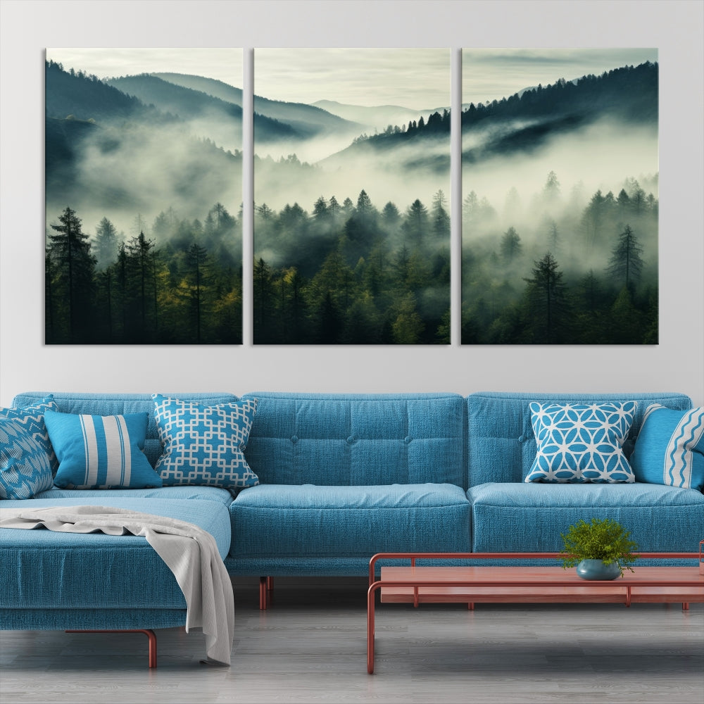 Captivating Misty Forest Wall ArtPremium Canvas Print for a Foggy and Serene Atmosphere