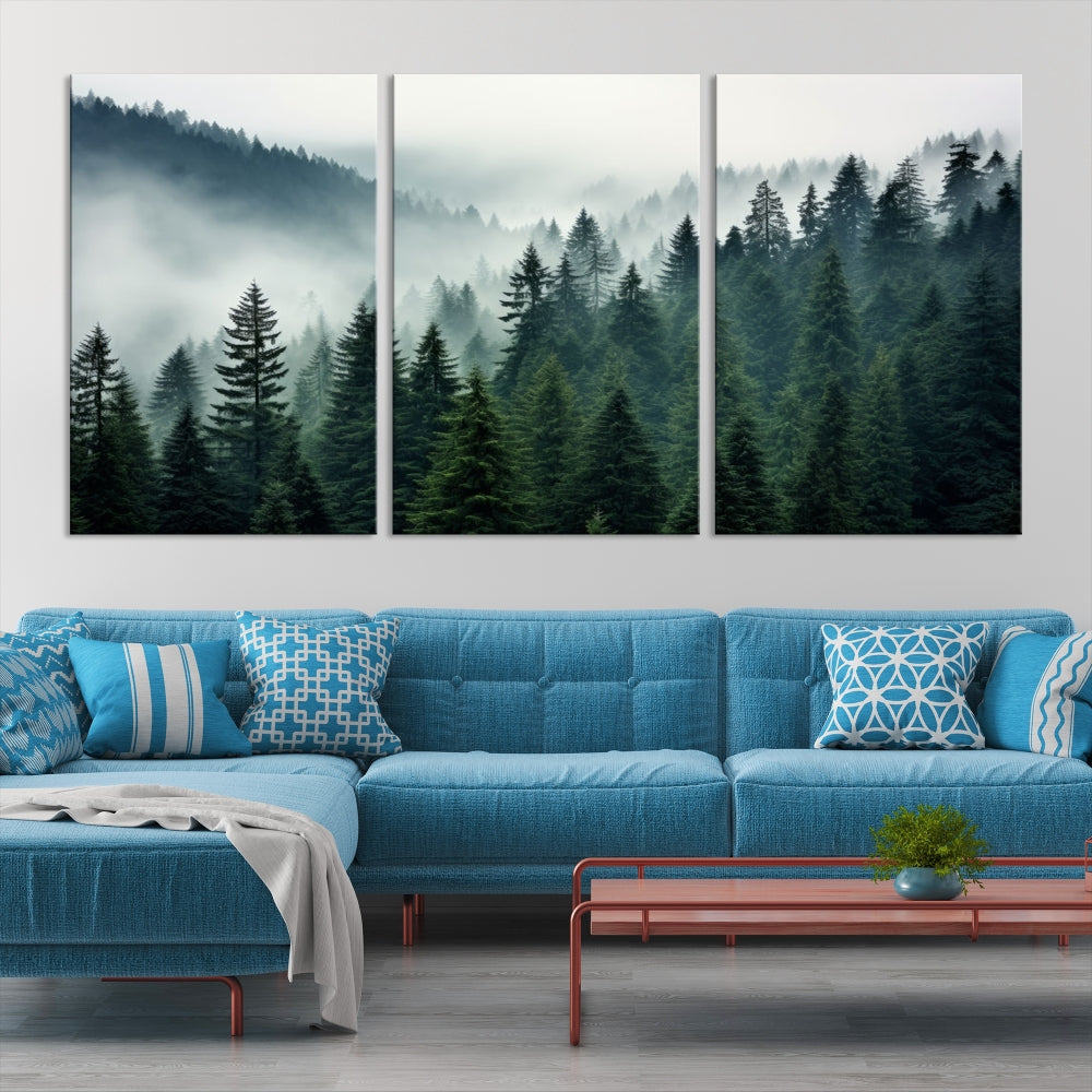 Captivating Misty Forest Wall ArtPremium Canvas Print for a Foggy and Serene Atmosphere