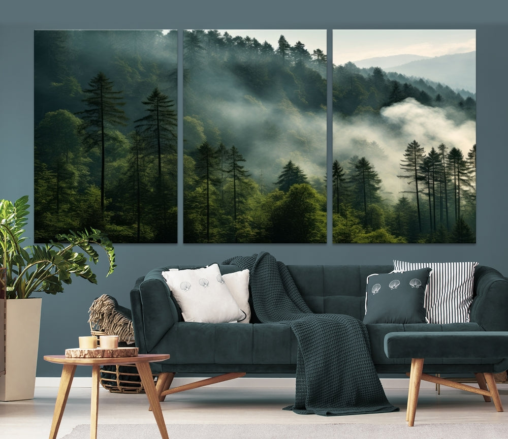 Captivating Misty Forest Wall ArtPremium Canvas Print for a Foggy and Serene Atmosphere