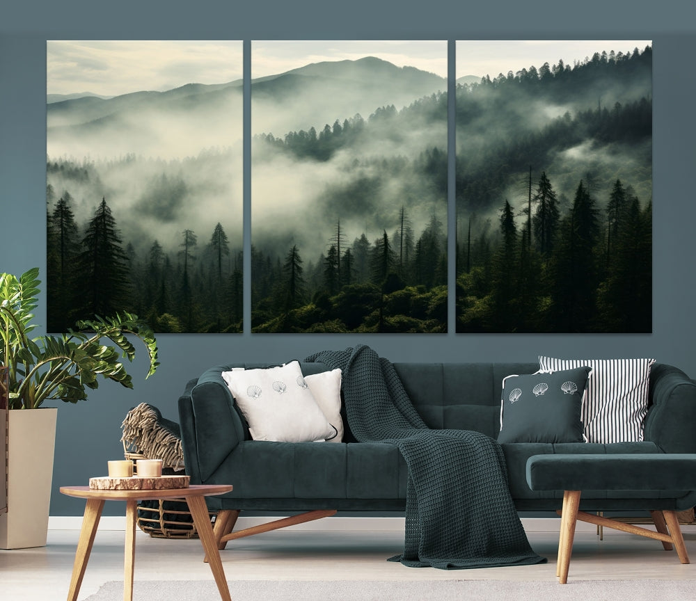 Captivating Misty Forest Wall ArtPremium Canvas Print for a Foggy and Serene Atmosphere