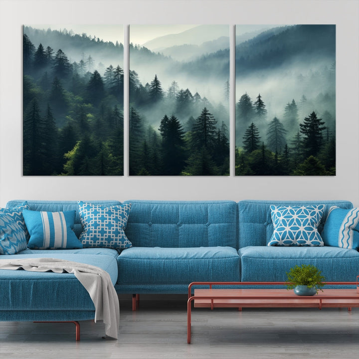 Captivating Misty Forest Wall ArtPremium Canvas Print for a Foggy and Serene Atmosphere