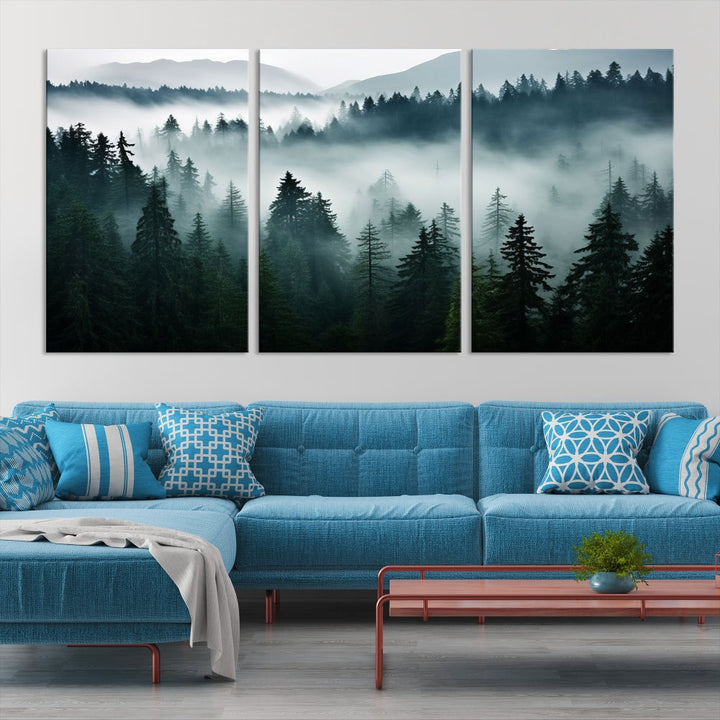 Captivating Misty Forest Wall ArtPremium Canvas Print for a Foggy and Serene Atmosphere