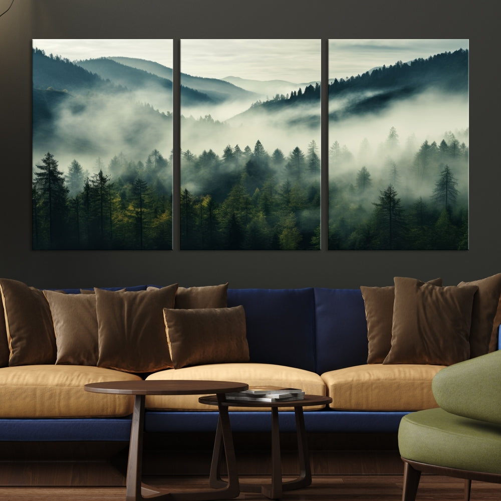 Captivating Misty Forest Wall ArtPremium Canvas Print for a Foggy and Serene Atmosphere