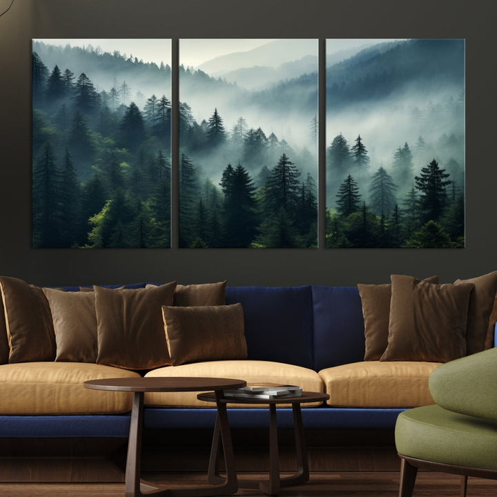 Captivating Misty Forest Wall ArtPremium Canvas Print for a Foggy and Serene Atmosphere