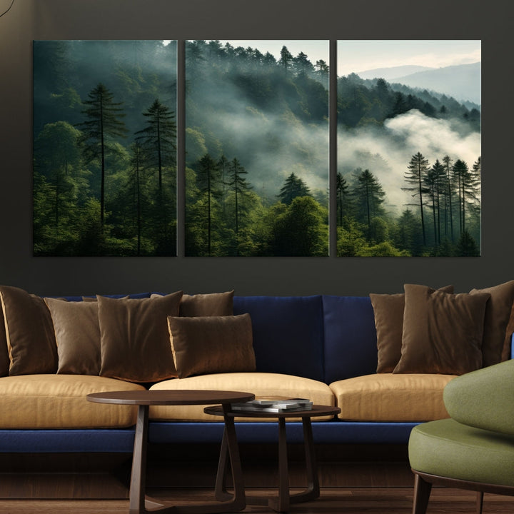 Captivating Misty Forest Wall ArtPremium Canvas Print for a Foggy and Serene Atmosphere