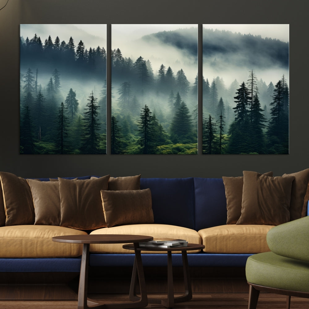 Captivating Misty Forest Wall ArtPremium Canvas Print for a Foggy and Serene Atmosphere