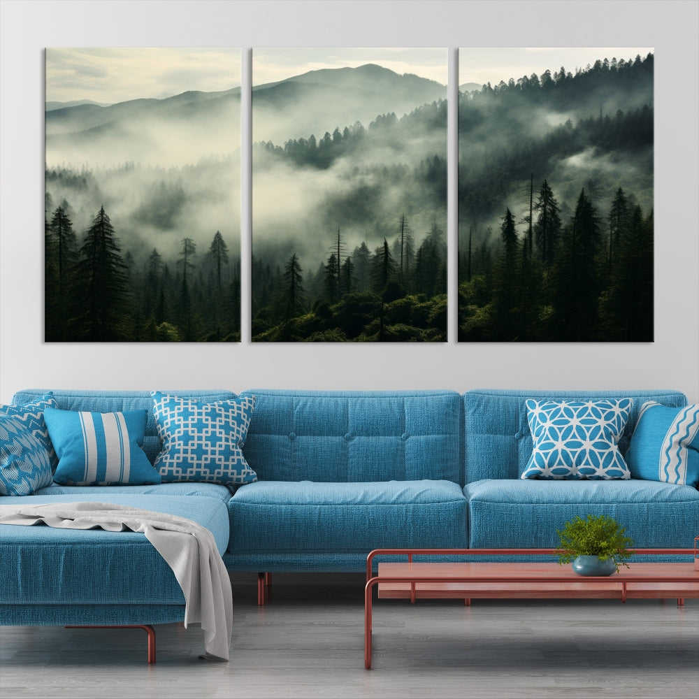 Captivating Misty Forest Wall ArtPremium Canvas Print for a Foggy and Serene Atmosphere