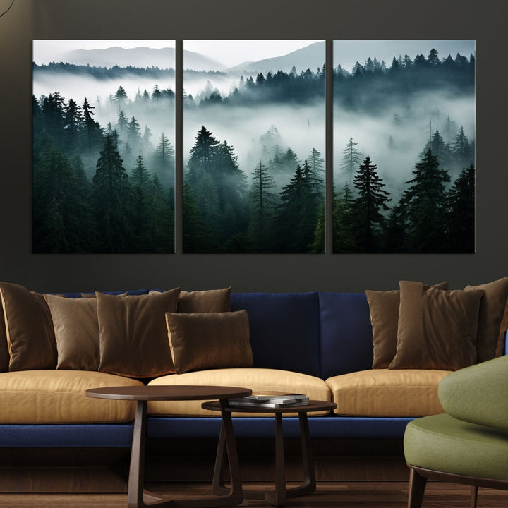 Captivating Misty Forest Wall ArtPremium Canvas Print for a Foggy and Serene Atmosphere