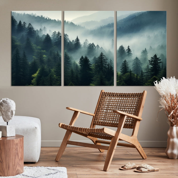 Captivating Misty Forest Wall ArtPremium Canvas Print for a Foggy and Serene Atmosphere